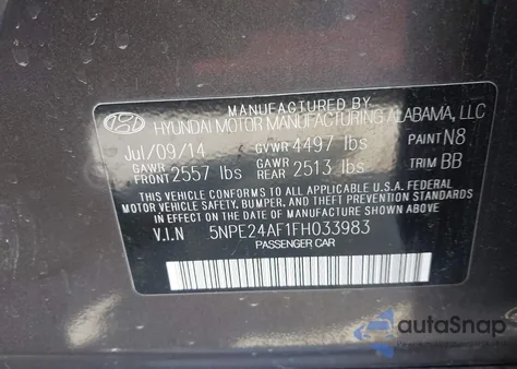 2015 Hyundai Sonata Se from USA, damaged, VIN 5NPE24AF1FH033983